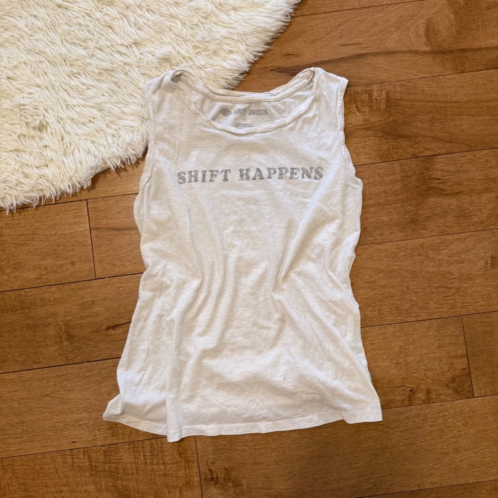 Harley-Davidson Shift Happens Graphic Muscle Tank Top White Womens Medium M Vibe